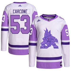 Michael Carcone Men's Adidas Arizona Coyotes Authentic White/Purple Hockey Fights Cancer Primegreen Jersey