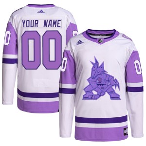 Custom Men's Adidas Arizona Coyotes Authentic White/Purple Custom Hockey Fights Cancer Primegreen Jersey