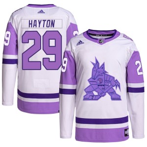 Barrett Hayton Men's Adidas Arizona Coyotes Authentic White/Purple Hockey Fights Cancer Primegreen Jersey