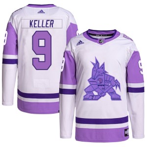 Clayton Keller Men's Adidas Arizona Coyotes Authentic White/Purple Hockey Fights Cancer Primegreen Jersey