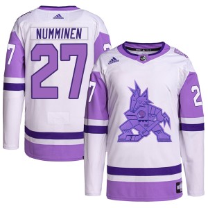 Teppo Numminen Men's Adidas Arizona Coyotes Authentic White/Purple Hockey Fights Cancer Primegreen Jersey