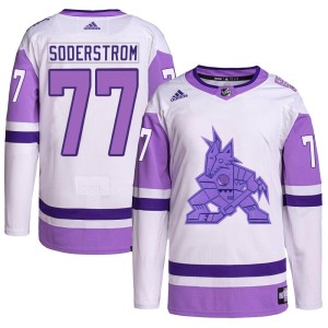 Victor Soderstrom Men's Adidas Arizona Coyotes Authentic White/Purple Hockey Fights Cancer Primegreen Jersey