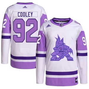 Logan Cooley Youth Adidas Arizona Coyotes Authentic White/Purple Hockey Fights Cancer Primegreen Jersey