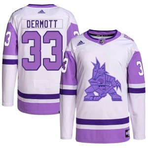 Travis Dermott Youth Adidas Arizona Coyotes Authentic White/Purple Hockey Fights Cancer Primegreen Jersey