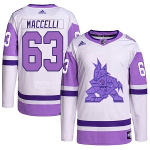 Matias Maccelli Youth Adidas Arizona Coyotes Authentic White/Purple Hockey Fights Cancer Primegreen Jersey