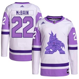 Jack McBain Youth Adidas Arizona Coyotes Authentic White/Purple Hockey Fights Cancer Primegreen Jersey