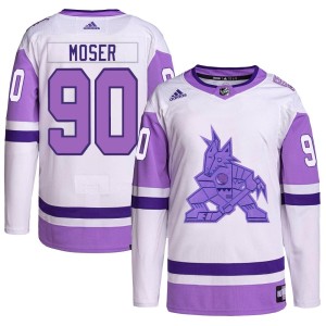 J.J. Moser Youth Adidas Arizona Coyotes Authentic White/Purple Hockey Fights Cancer Primegreen Jersey