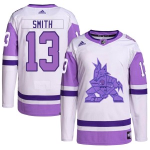 Nathan Smith Youth Adidas Arizona Coyotes Authentic White/Purple Hockey Fights Cancer Primegreen Jersey