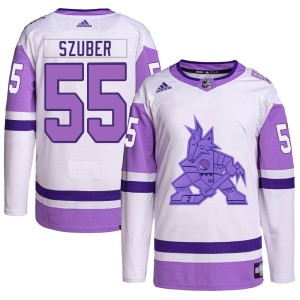 Maksymilian Szuber Men's Adidas Arizona Coyotes Authentic White/Purple Hockey Fights Cancer Primegreen Jersey